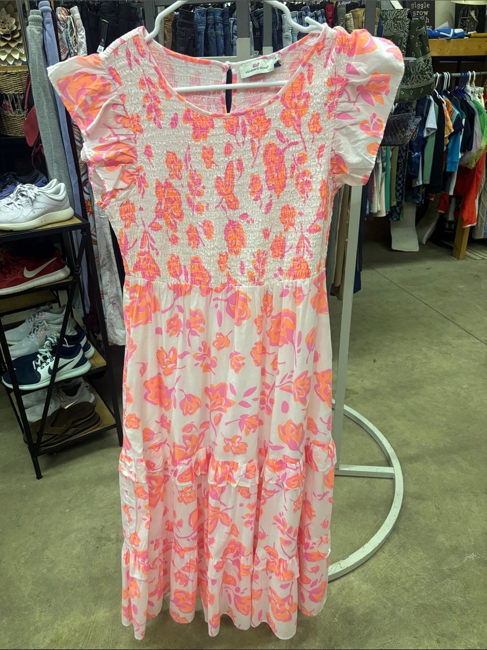 Smocked Floral Midi Dress - Pink/Coral